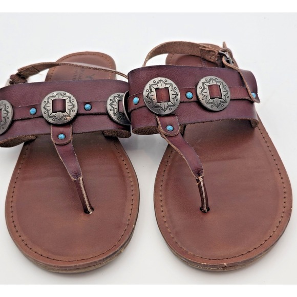 AMERICAN EAGLE Womens 9 Brown Leather Southwestern Turquoise Conch Sandals Thong - Picture 1 of 12